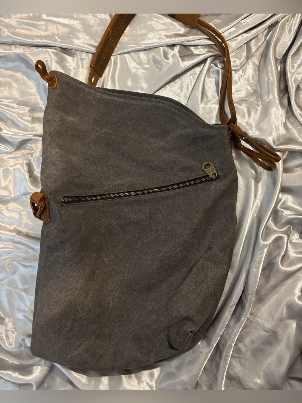 Tom Clovers Suede Drawstring Backpack in Charcoal with Tan Straps